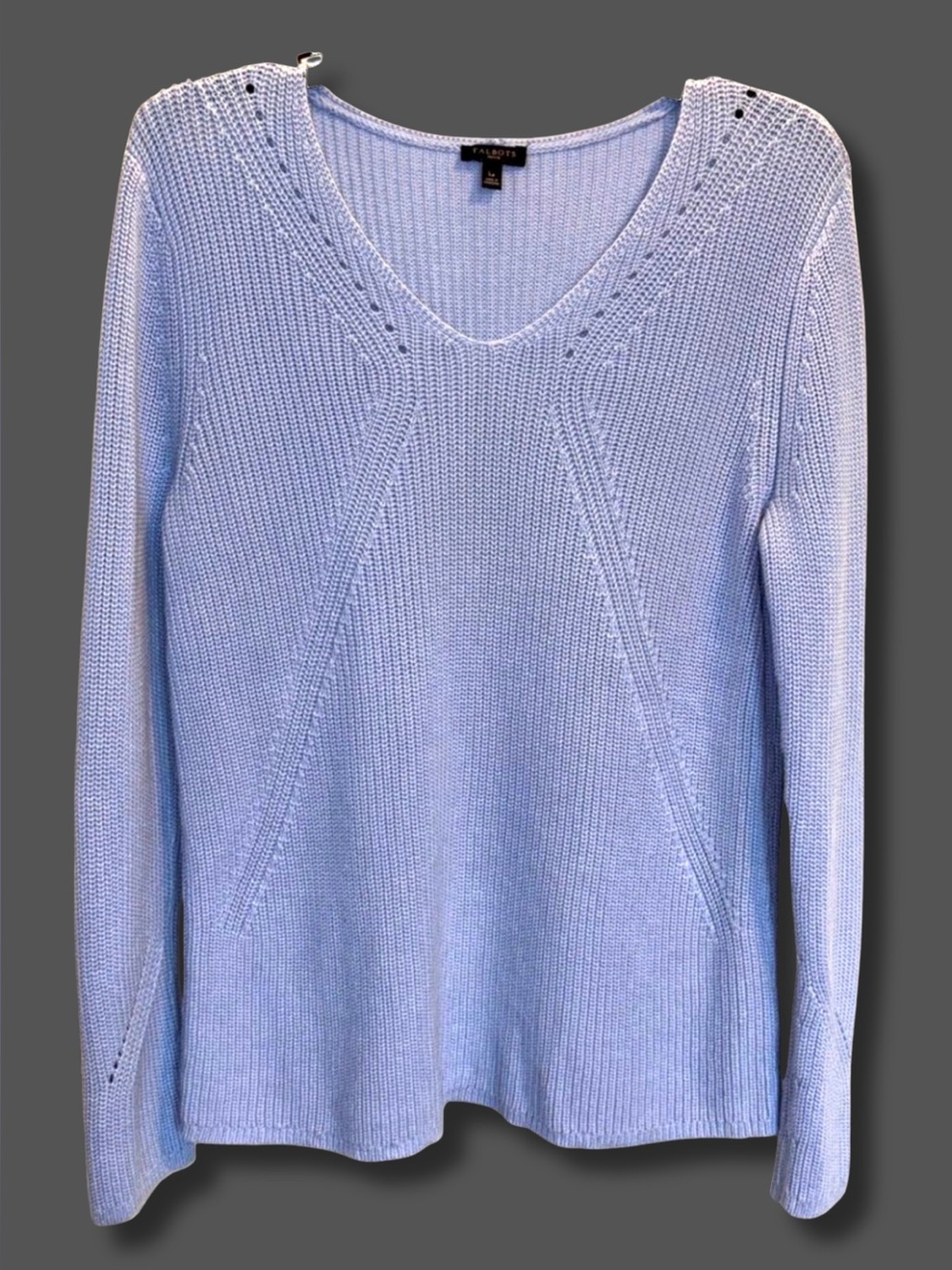 Talbots Petite LP Cotton Pointelle Sweater Light Blue V Neck Pullover